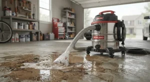 A shop-style wet-dry vacuum cleaning up a large liquid spill in a garage setting.