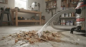 A wet-dry vacuum hose picking up heavy workshop debris like wood chips and sawdust.
