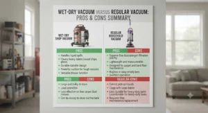 A summary chart listing the pros and cons of using a wet-dry vacuum versus a regular vacuum for daily chores.