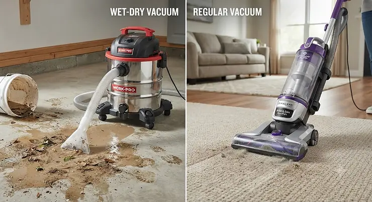 A side-by-side comparison showing a wet-dry vacuum cleaning liquid spills versus a regular vacuum cleaning carpet dust. wet dry vs regular vacuum