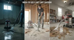 An illustration showing scenarios perfect for a wet-dry vacuum, including flooded basements and construction cleanup.