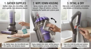 An easy-to-follow illustration showing how to clean and wipe down the exterior housing of an upright vacuum cleaner.