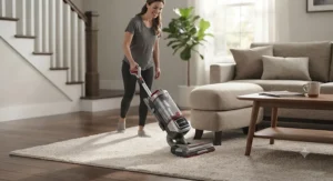 A person effortlessly maneuvering a vacuum with swivel steering around a couch in a carpeted family room.