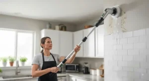 Cordless spin scrubber with an adjustable extension handle cleaning high kitchen areas.
