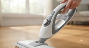 Control panel of an electric steam mop showing adjustable settings for delicate hardwood floors.