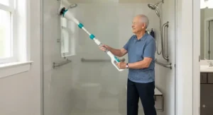 An elderly person cleaning a shower stall with a long-handled, anti-slip bathroom cleaning machine to prevent reaching strains.