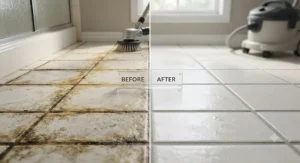 Before and after results showing the effectiveness of a grout cleaning machine for hard water buildup on stained tiles.