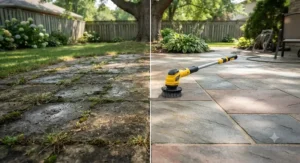 Before and after results of using a tile scrubber for outdoor patios on weathered flagstone