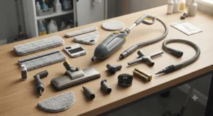 Attachments and accessories included with a commercial-grade steam mop for small businesses.