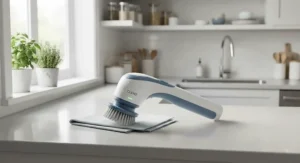 A convenient cordless spin scrubber sitting on a clean kitchen counter after use.