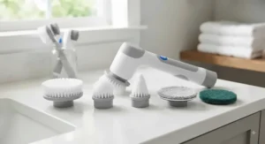 Electric bathroom scrubber for tile and grout showing multiple interchangeable brush heads
