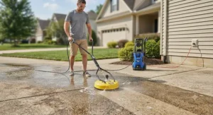 A rotary surface cleaner attachment connected to an electric pressure washer on a residential driveway.
