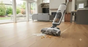A versatile multi-surface cleaning machine for hardwood and tile tackling spills on an open-concept floor plan.