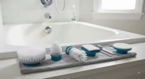 Various interchangeable brush attachments for a power scrubber laid out next to a sparkling clean bathtub.