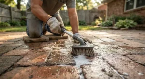 Using a manual tile scrubber for outdoor patios to clean between backyard brick pavers