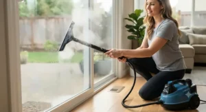 Using a squeegee attachment on a canister steam cleaner to clean sliding glass patio doors.