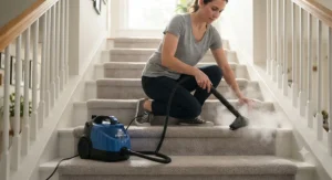 Demonstrating the portability of a canister steam cleaner while cleaning carpeted stairs.