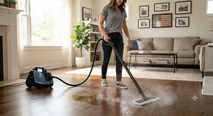 A powerful canister steam cleaner being used to deep clean hardwood floors in an American living room. canister steam cleaner for whole-home cleaning