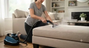 A person using a canister steam cleaner to refresh and sanitize a fabric sofa in a home setting.