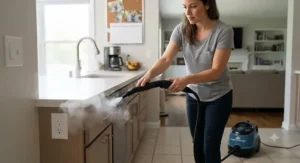 A canister steam cleaner effectively sanitizing high-touch surfaces in a family home without harsh chemicals.