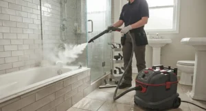 A commercial-grade steam cleaner for deep cleaning and sanitizing bathroom showers and tubs