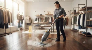 A commercial-grade steam mop for small businesses cleaning hardwood floors in a retail boutique.