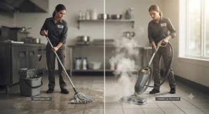 Side-by-side comparison of a commercial-grade steam mop for small businesses versus a traditional mop.