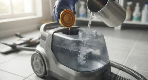 Close-up of the large water tank on a commercial-grade steam mop for small businesses during a refill.