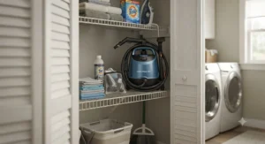 A canister steam cleaner neatly stored in a suburban American laundry room closet.