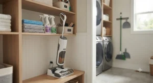 A compact multi-surface cleaning machine for hardwood and tile neatly docked in a home laundry room.