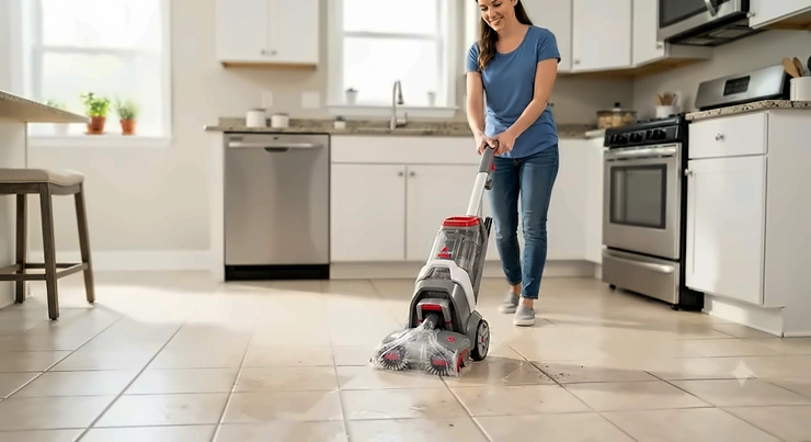 Compact tile and grout cleaning machine designed for easy home use on kitchen floors. tile and grout cleaning machine for home use