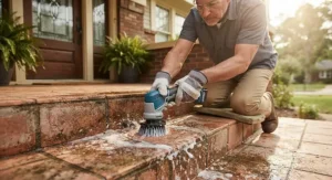 Compact handheld tile scrubber for outdoor patios and front porch steps