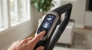 Digital control panel on a 2-in-1 steam mop and vacuum combo displaying different steam levels and floor types.