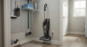 A cordless 2-in-1 steam mop and vacuum combo docked neatly in its charging station in a utility closet.