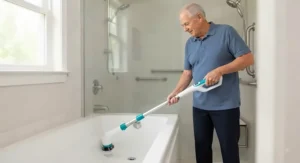 A cordless, extendable bathtub cleaning machine reaching deep into a tub, allowing a senior user to clean without bending over.