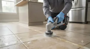 A cordless grout cleaning machine for hard water buildup being used to scrub discolored kitchen floor grout.