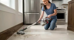 A cordless tile and grout cleaning machine cleaning hard-to-reach corners in a tiled home kitchen.