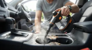 A portable handheld steam cleaner being used for quick car interior detailing and cup holders.