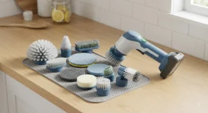 Cordless spin scrubber set featuring various interchangeable brush heads for versatile kitchen cleaning tasks.