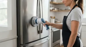 Cordless power scrubber polishing the exterior surfaces of kitchen appliances.