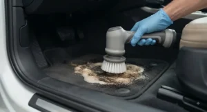 An electric power scrubber removing tough mud stains from automotive floor mats and carpets.