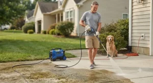 A homeowner effortlessly operating a quiet, corded electric pressure washer on a concrete walkway.