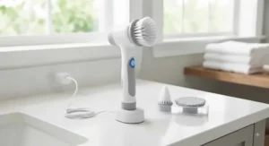Electric bathroom scrubber for tile and grout set neatly displayed with its charging cable