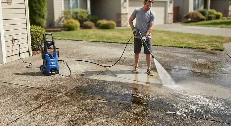 An electric pressure washer removing deep stains from a concrete driveway.