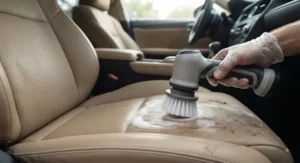 Using a handheld spin scrubber with a soft bristle attachment to clean stains on automotive leather seats.