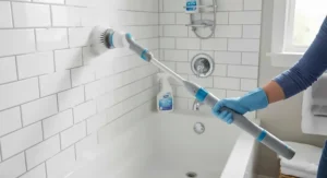 An electric spin scrubber with an extension handle cleaning bathtub walls and surrounding tile grout.