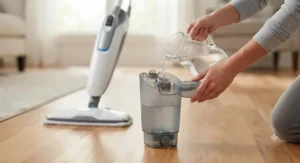 Refilling the removable water tank of an electric steam mop designed for hardwood floors.