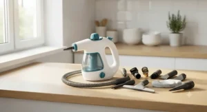 An ergonomic handheld steam cleaner displayed alongside various nozzle attachments for quick home cleanups.