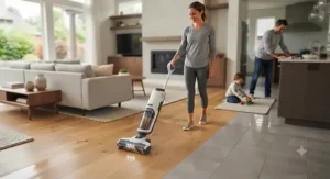 A homeowner using a multi-surface cleaning machine for hardwood and tile for routine weekly floor maintenance.