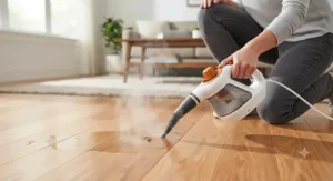 A fast-heating handheld steam cleaner spot-cleaning spills on hardwood floors in a modern home.